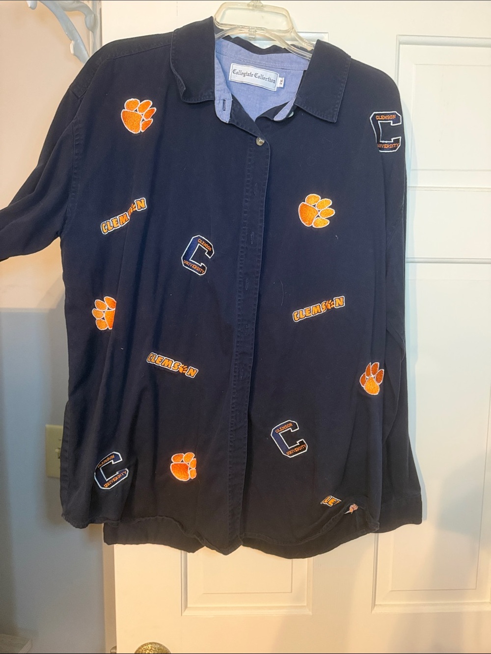 Clemson Navy Button-Down Shirt with Orange Paw Embroidery